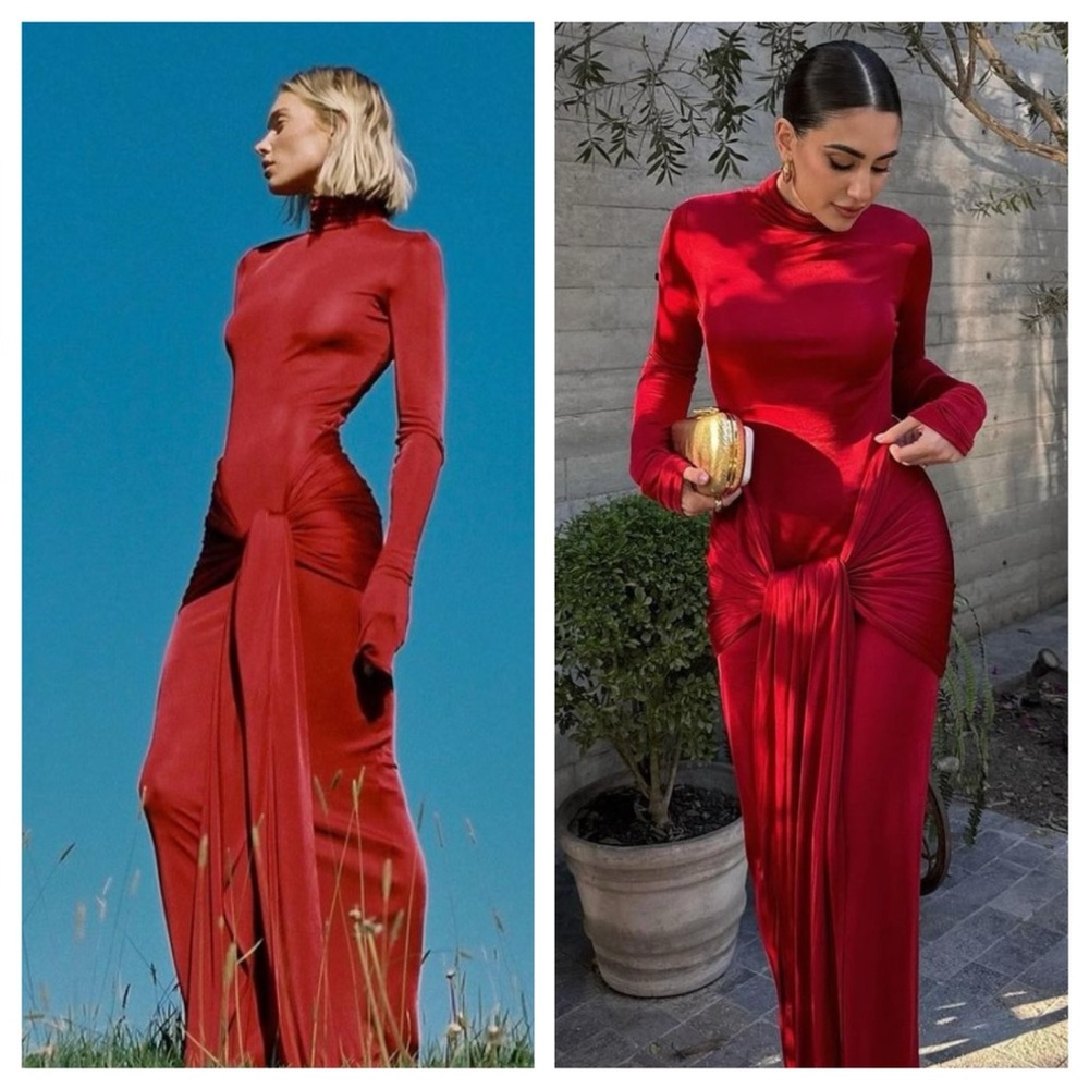 Helsa Studio Red Slinky Jersey Sarong Long Sleeve Maxi Dress M